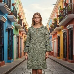 Jigsaw Designer Ditsy Retro Floral Yellow Shift Tunic Dress Size 8 Keyhole Zip